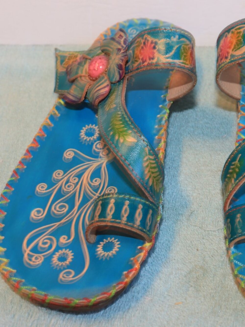 Socofy Georgy Blue Hand Painted Leather Leaf Wedge Sandals  Women's  Size 7 EU37